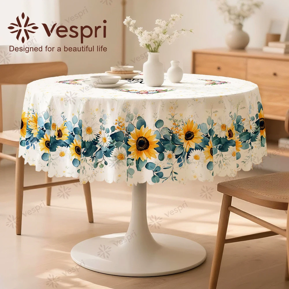 Vespri Spring Tablecloth Floral Pastel Easter Polyester with White Blue Sunflower Green Leaf Round Rectangle Oval