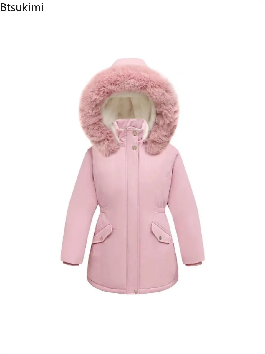 Teen Girls Winter Parkas New Kids Solid Color Waist Thickened Insulation Plush Hood Jacket Coat Children Clothes Long Outerwear