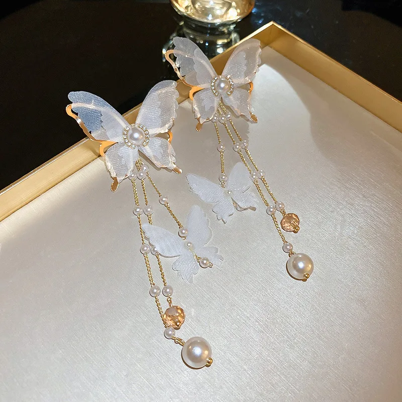 Temperament White Butterfly Drop Earrings Long Tassel Hanging Earrings Women\'s Fashion Imitation Pearl Earrings Jewelry