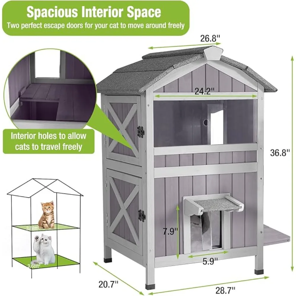 Insulated Outdoor Cat House for Winter Feral Cat Shelter Weatherproof 2-Story