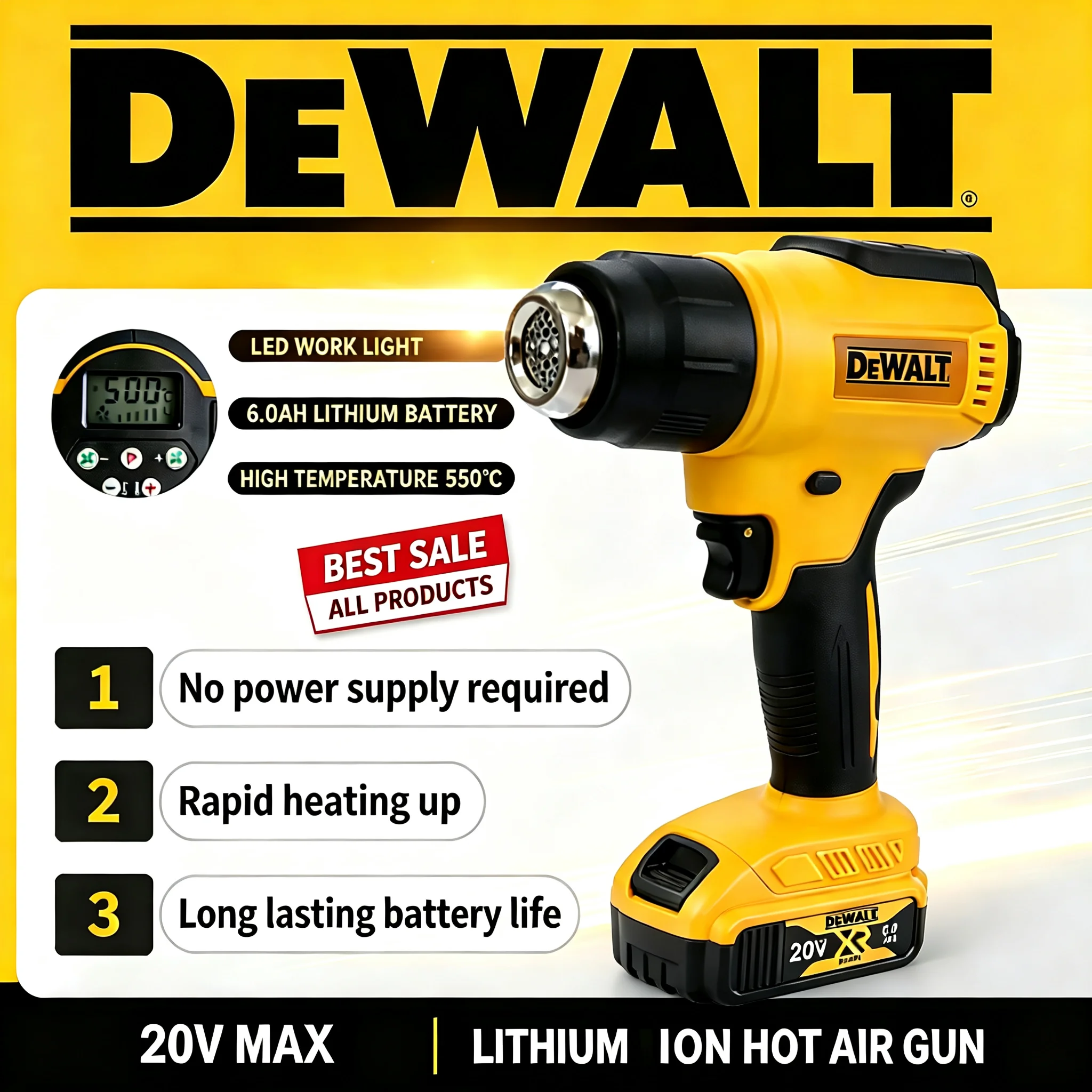 DEWALT 18V/20V Heat Gun Shrink Wrapping Tool Cordless Hot Air Gun Electric Air Dryer Soldering Thermal Blower For dewalt battery