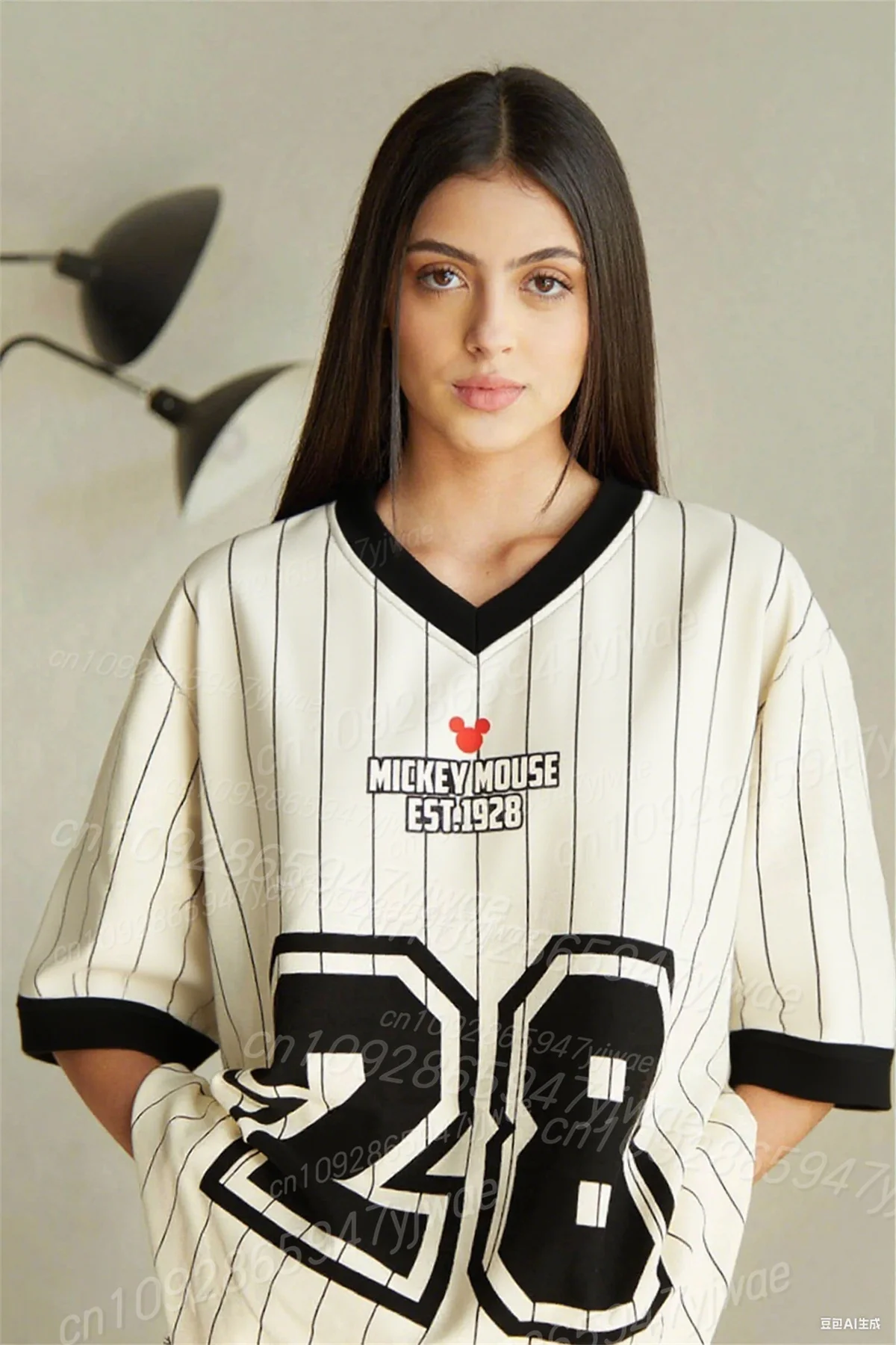 ديزني ميكي المتضخم البيسبول جيرسي تي شيرت ثلاثية الأبعاد الجرافيك تي شيرت موضة تنوعا رياضية المرأة الخامس الرقبة مخطط #4