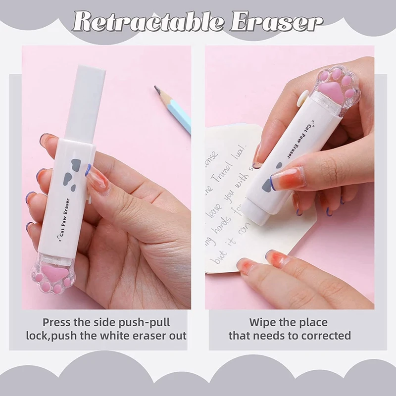 8 Pcs Cute Cat Paw Stationery Set Kawaii School Supplies Including Pencil Sharpener Retractable Eraser Reusable (White)