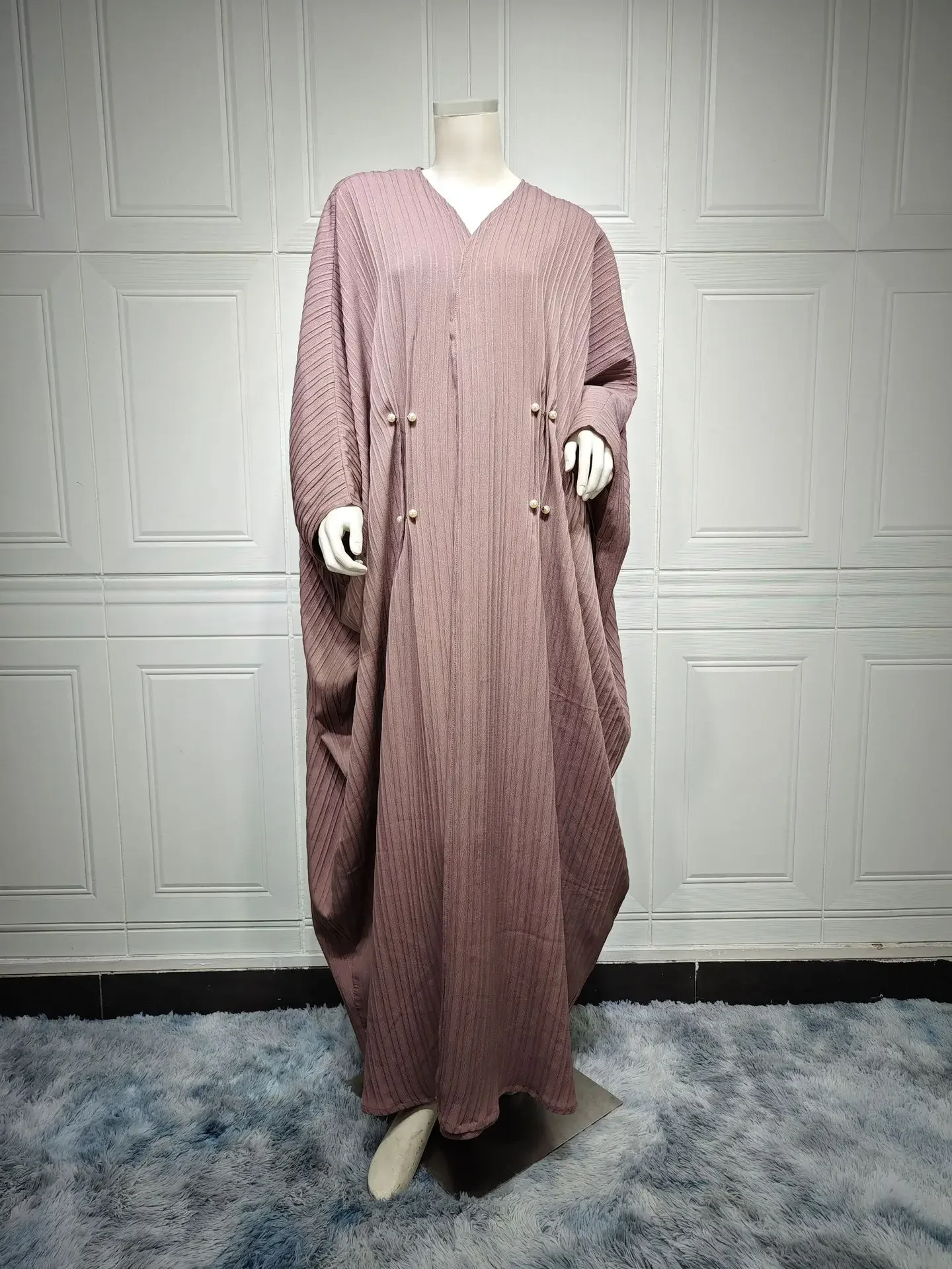 Batwing Abaya kardigan muzułmański płaszcz moda otwarta Abayas dla kobiet Dubai paski Kimono Outwear Islam skromny strój turecki tunika