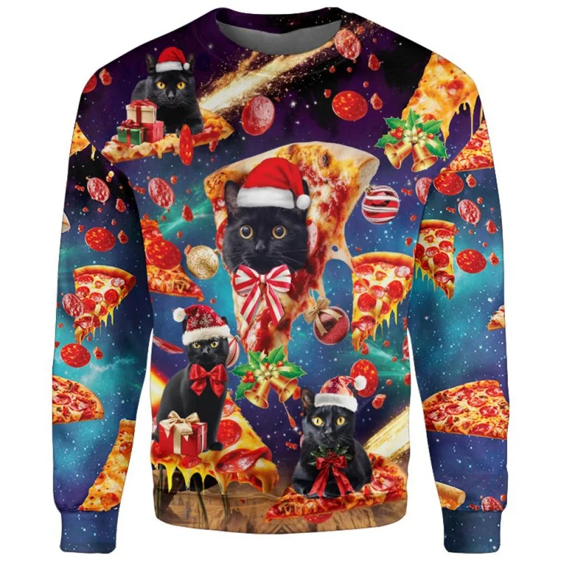 

Cat Pizza Pattern Sweatshirts For Men Christmas Tacos 3D Printed Pullover Festival Party Hoodies Long Sleeves Round Neck Tops