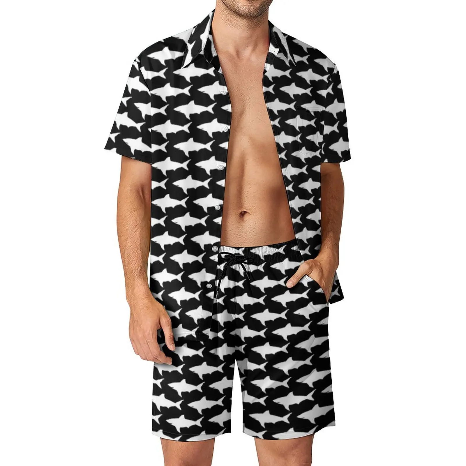 Black And White Shark Men Sets Cute Sharks Casual Shorts Outdoor Shirt Set Summer Trending Suit Short Sleeve Oversized