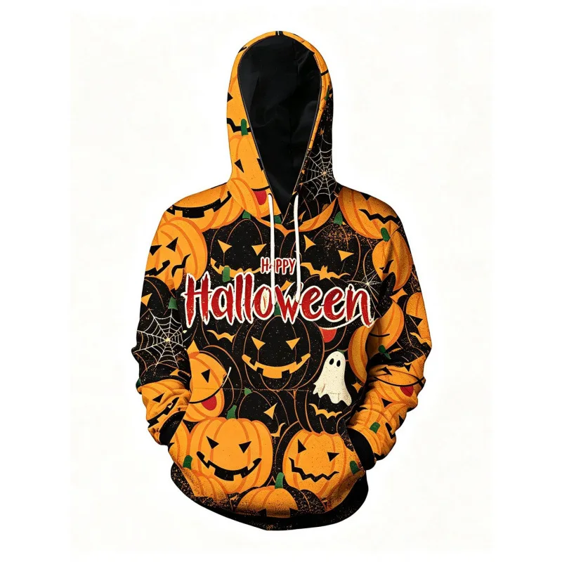 Happy Halloween Retro Web Graphic Allover Print Hoodie Unisex Long Sleeve Kangaroo Pocket Drawstring Casual Sweatshirt Fashion