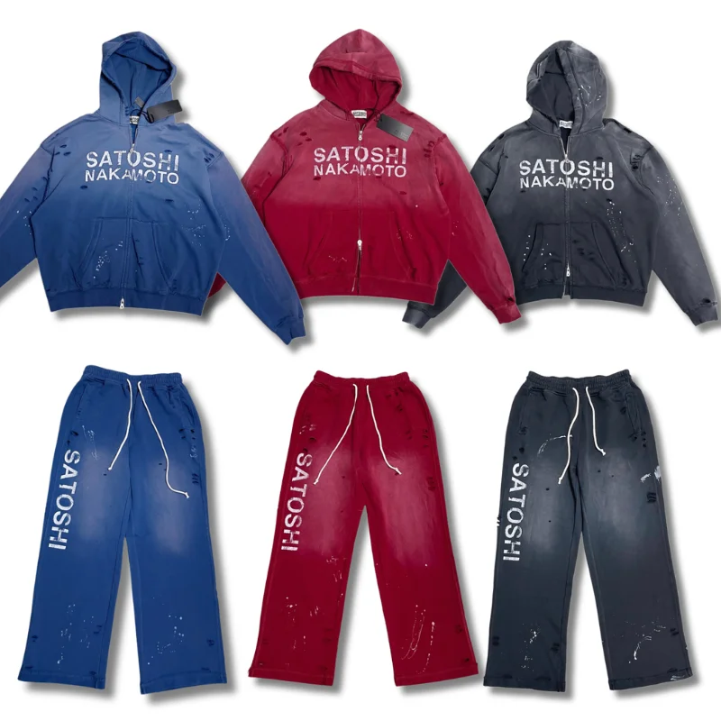 High Street Satoshi Zip Hoodies Retro Washed Damaged Hole Casual Cotton Zipper Sweatshirts for Men Women
