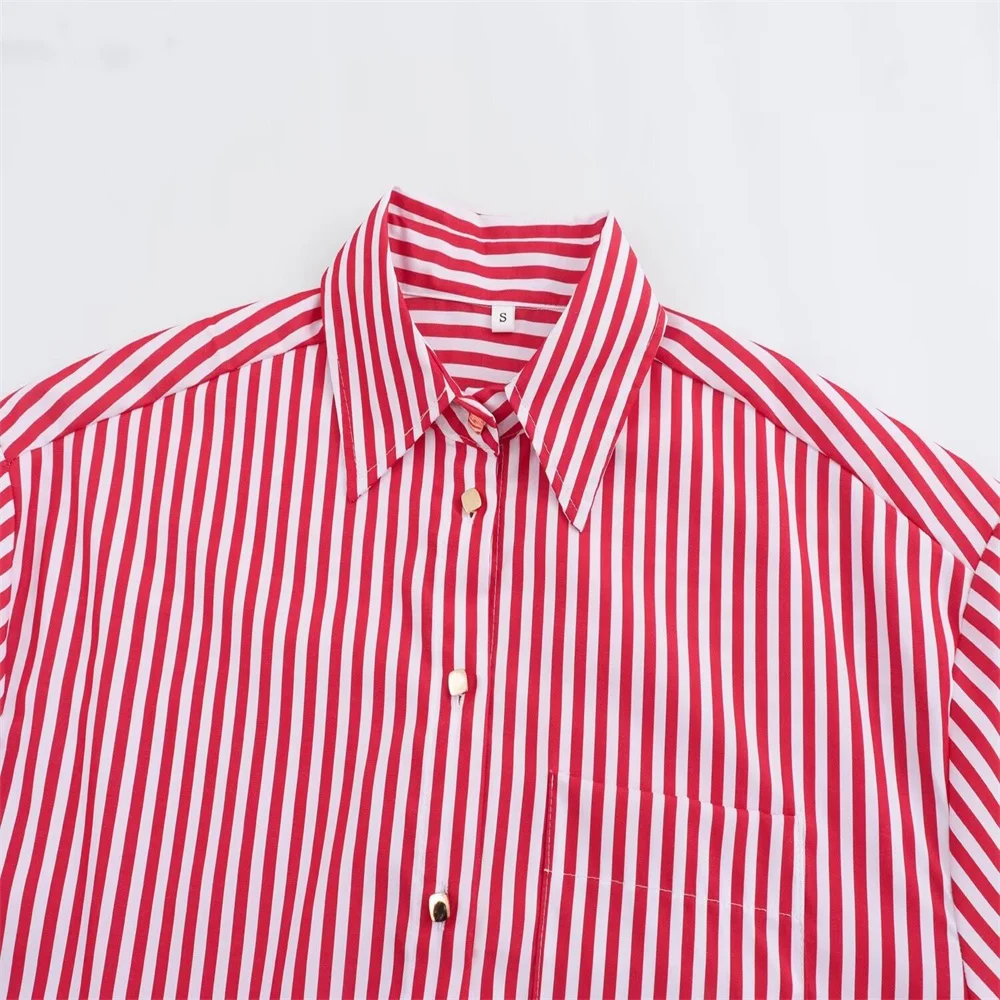 PB&ZA 2024 Women\'s Summer European and American Style Casual Versatile Curled Cuff Red Stripe Loose Shirt