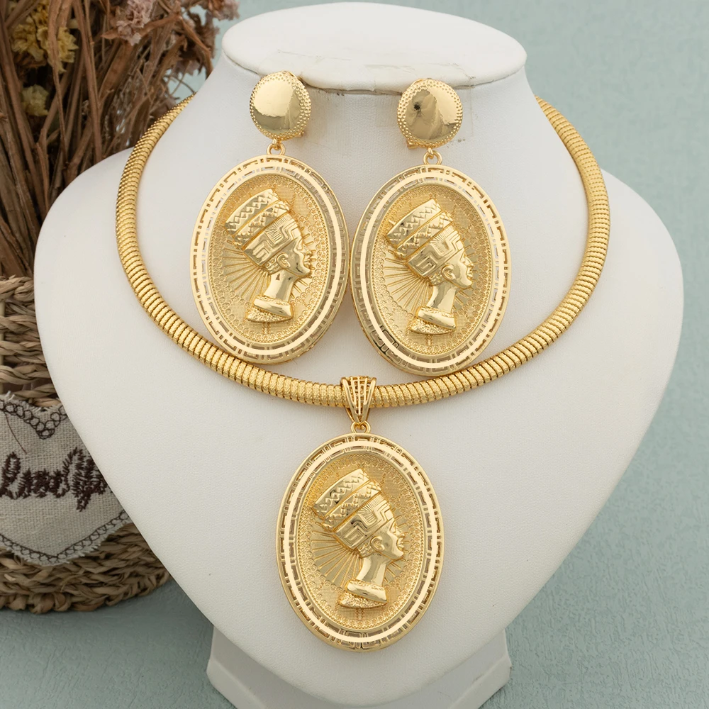 Dubai Big Jewelry Set Design per le donne orecchini a cerchio a forma di testa umana rotonda ciondolo Color oro gioielli da sposa collana