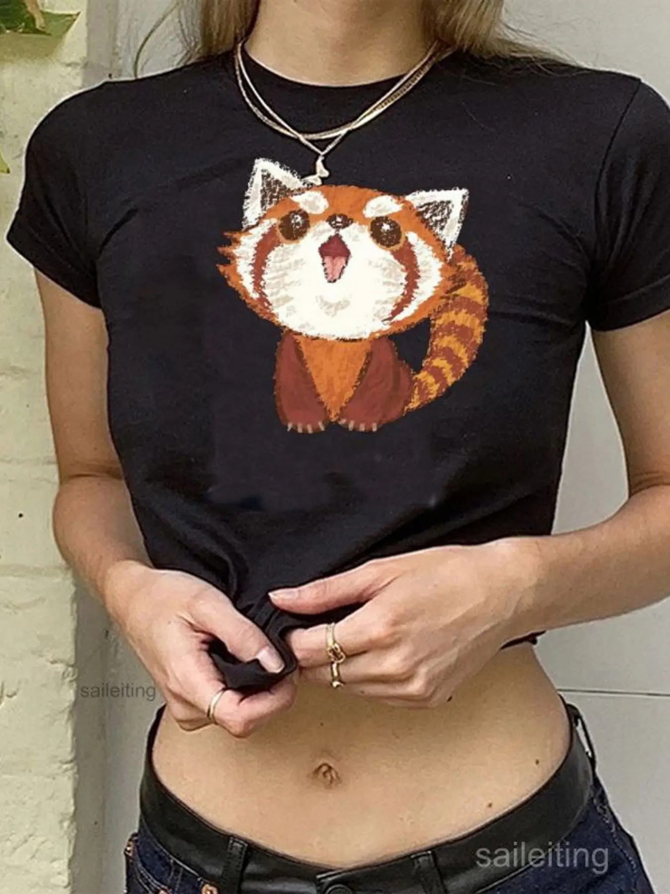 Women's Cute Red Panda Embroidered Crop Top, Cartoon Print Short Sleeve Tee, Casual Streetwear Aesthetic Top with Beige Cardi