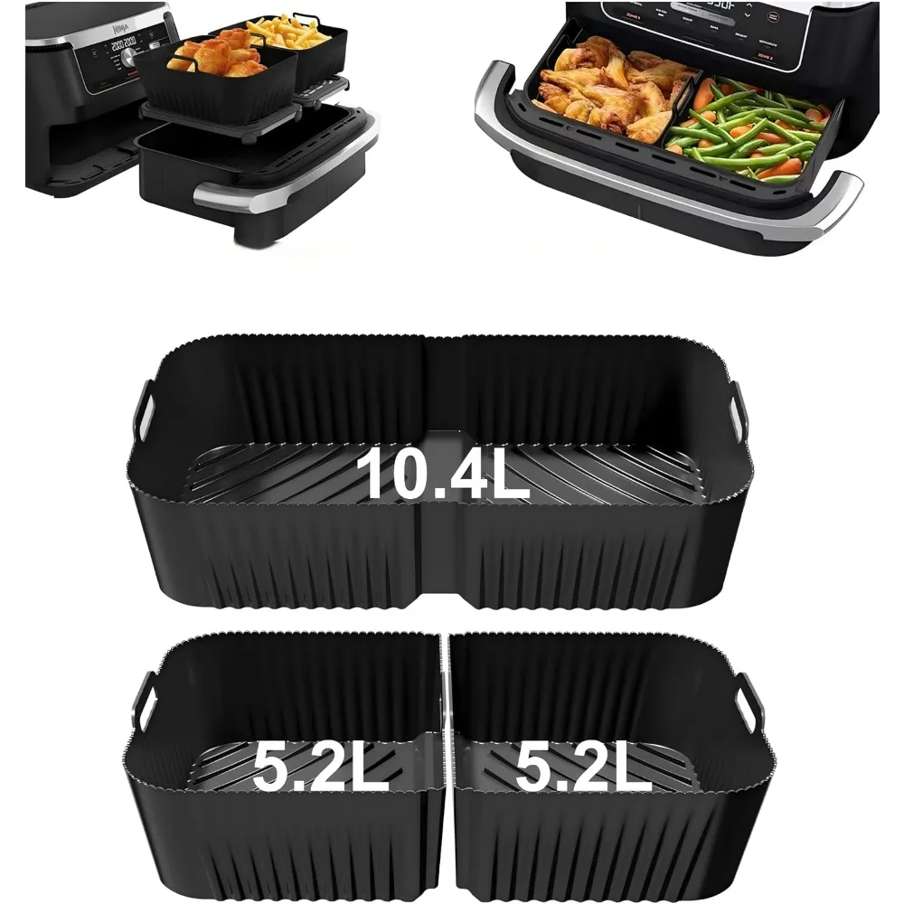 Set di rivestimenti in silicone per friggitrice ad aria, 1 grande e 2 piccoli, rivestimenti riutilizzabili per friggitrice ad aria Ninja AF500EU, accessori per friggitrice ad aria a doppio scomparto.