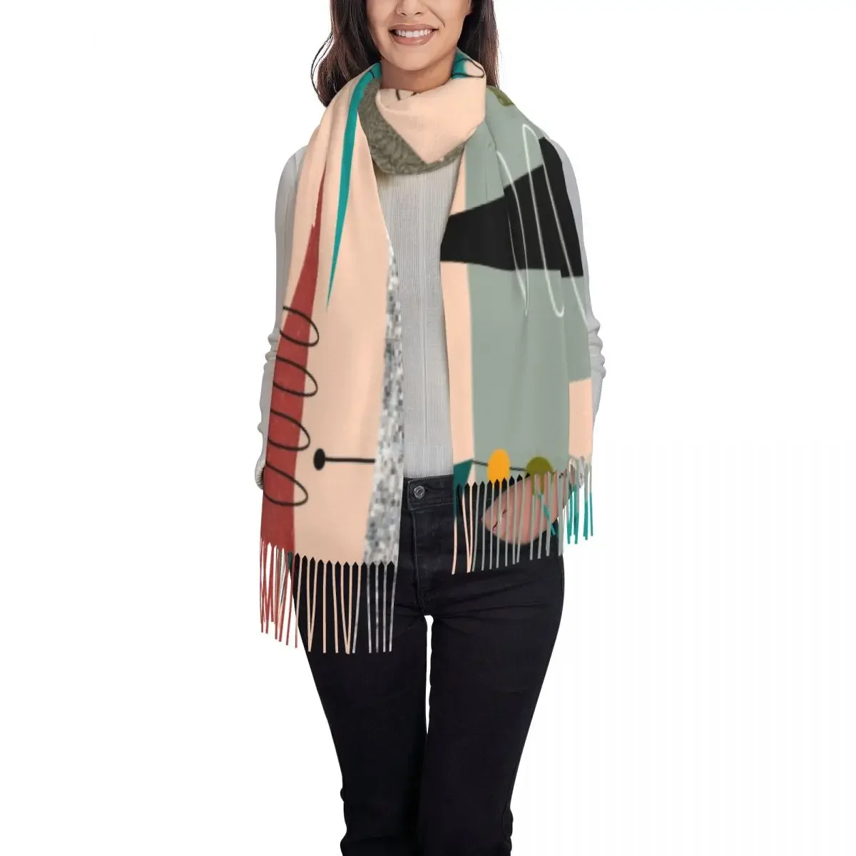 Minimalist Mid Century Modern Abstract Scarf Wrap For Women Long Winter Warm Tassel Shawl Unisex Geometric Scarves