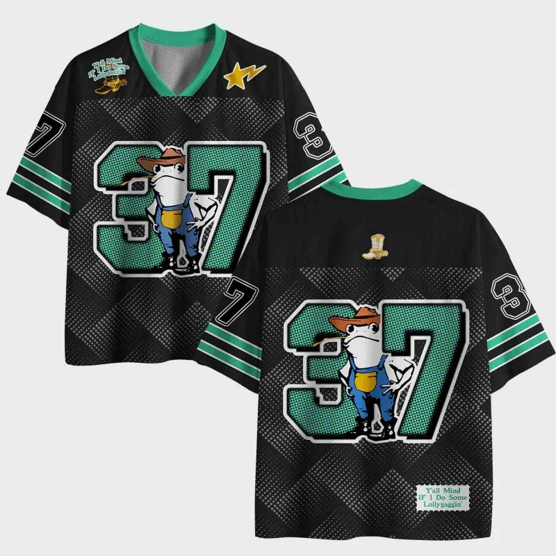 Unisex Y'all Mind If I Do Some Lollygaggin Cowboy Frog Football Jersey Funny Meme Green Number 37 V-Neck Short Sleeve Sports Tee