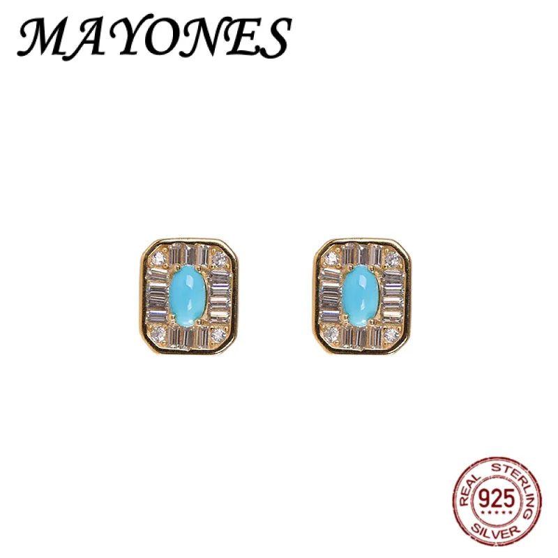 

Fashionable And Luxurious Natural Turquoise Earrings S925 Silver Plated Original Design Square zircon Sparkling French Earrings