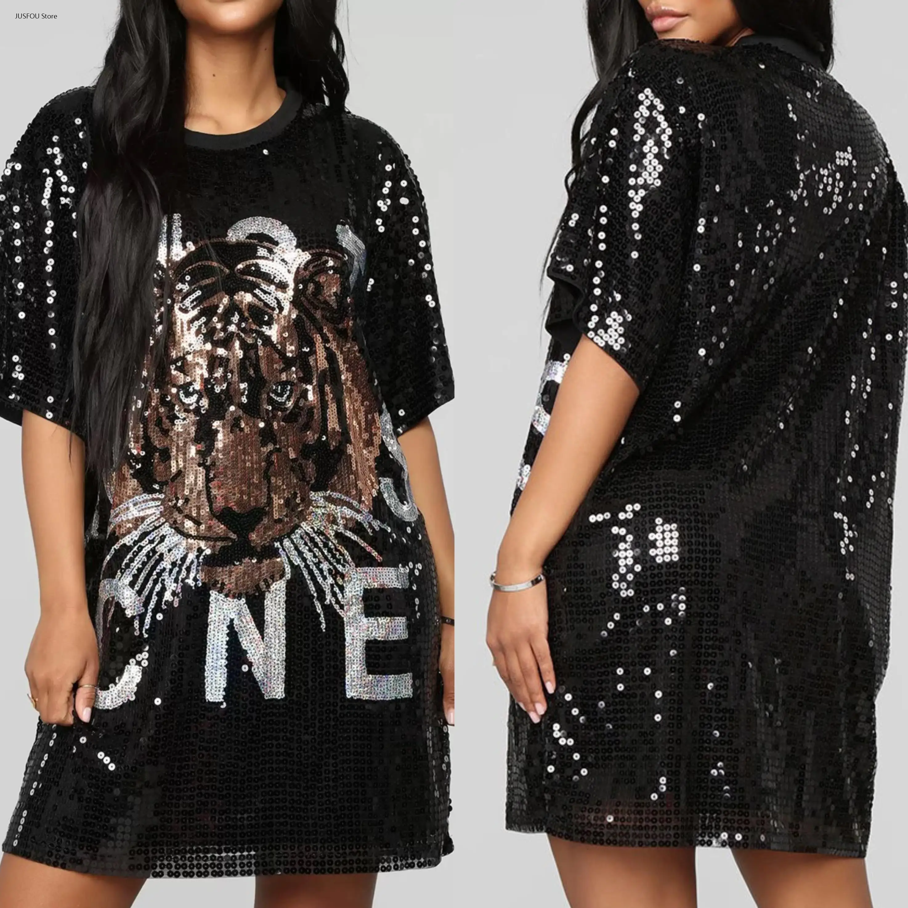 Trendy Street Style Women Dress Short Sleeve Midi Loose Hoodie with Sequin & Beaded Embroidery for Hip Hop