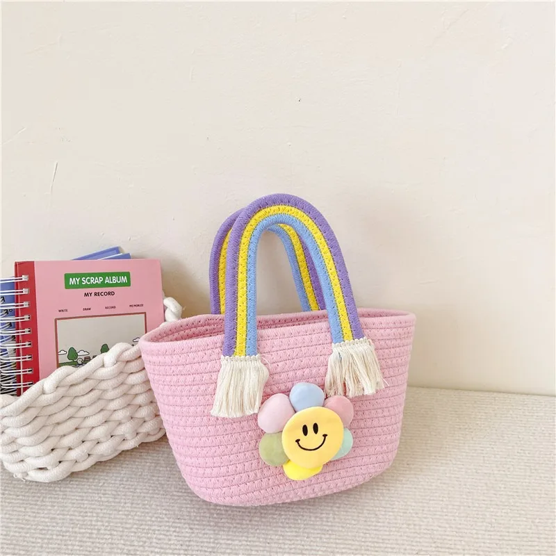 Children's Handbag  Cotton Rope Woven Women's Bag With Gift Basket  Children's Shoulder Bag  Cartoon Rainbow Bag