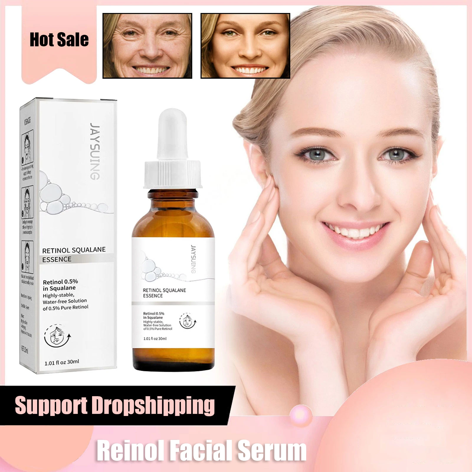 O soro facial ordinário antienvelhecimento de Retinol, remove o enrugamento, levantamento, ilumina a pele, desvanecem-se linhas finas, hidrata, pele