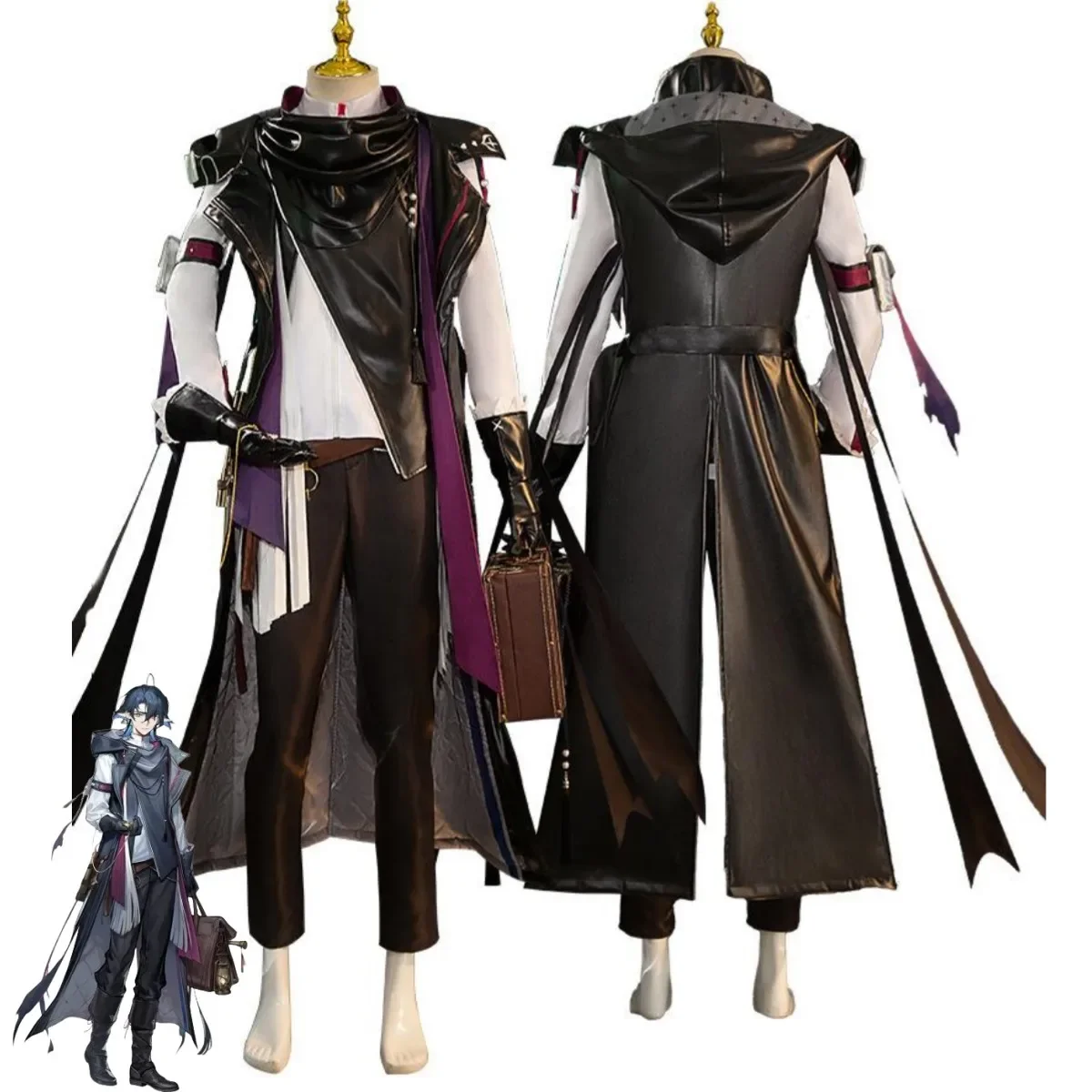 Anime Game Arknights Lumen Tribunal Cosplay Costume Black PU Waistcoat Coat Uniform Full Set Wig Man Halloween Carnival Suit view 2
