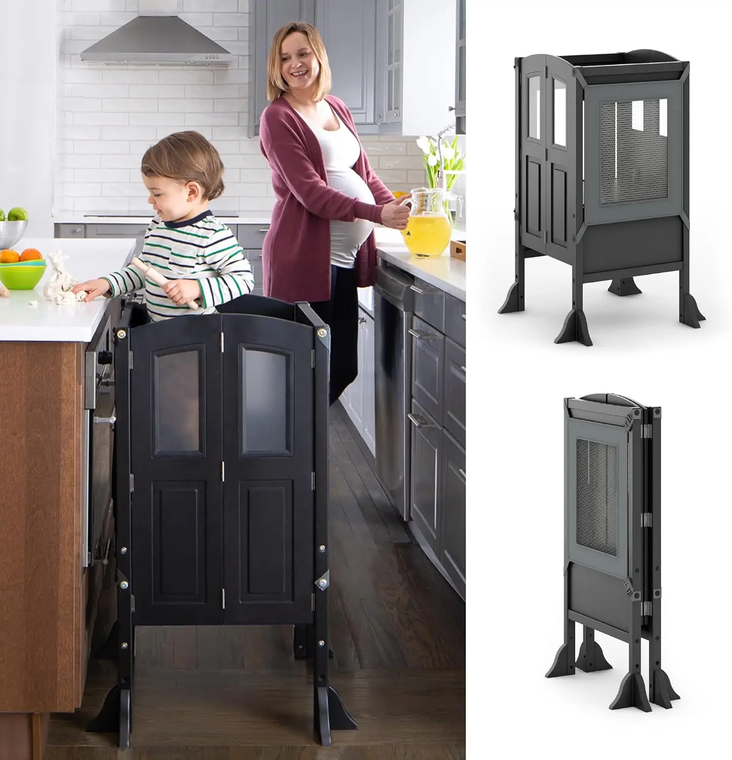 Toddler Tower - Charcoal: Kids Folding Wood Kitchen Platform, Adjustable Height Step Stool for Toddlers | Little Kids Learning F