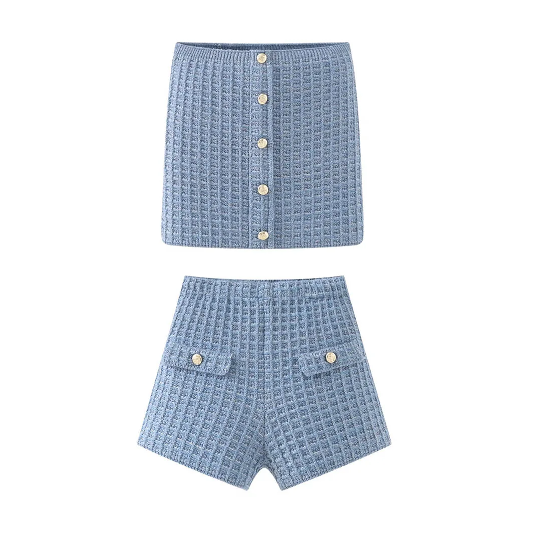 

Elegant Knitted Women's Two Pieces Set Fashion Single-breasted Tube Top Hip Package Pockets Shorts Summer Casual Lady Suit