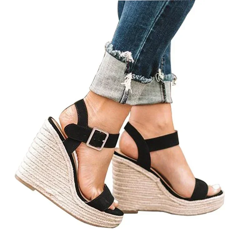 Wedge Sandals 2024 Fashion Weave Platform Plus Size High Heel Sandalias Thick Bottom Retro Open Toe Ladies Shoes