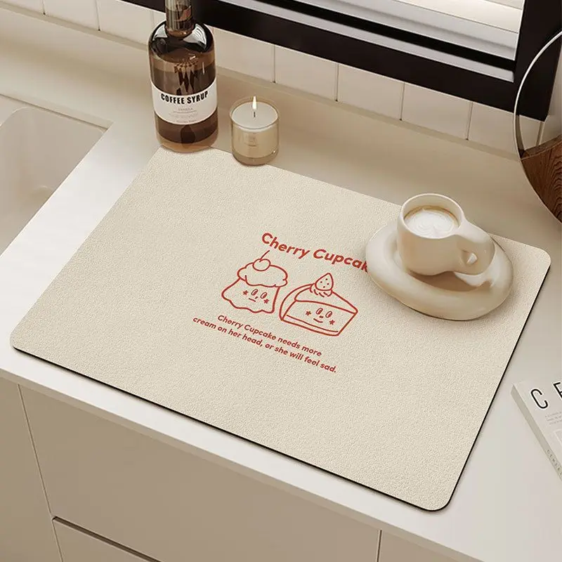 Cherry Cake With Rice Background, Kitchen Drainage Mat, Anti Slip Coffee Machine Tableware, Kitchen Countertop Protection Mat