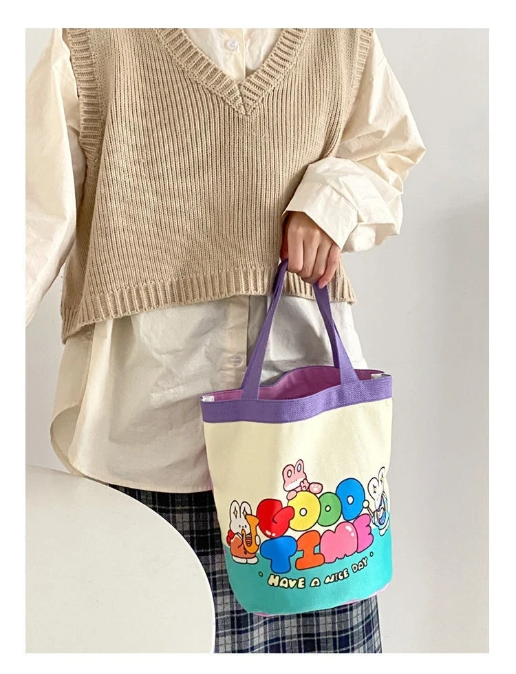 Canvas Bucket Bags Cute Graffiti Children\'s Fun Illustration Hand-held Round Bucket Mommy Storage Bag Bento Bag Small Handbags