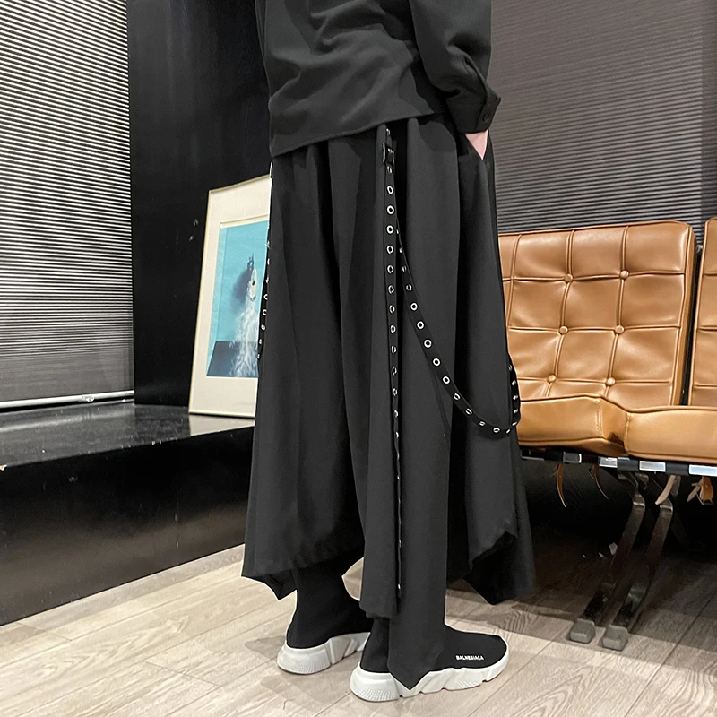 2024 Men Ribbon Dark Black Wide Leg Pants Male Punk Gothic Harem Trousers Kimono Skirt Pants Winter Women Irregular Big Hem Pant