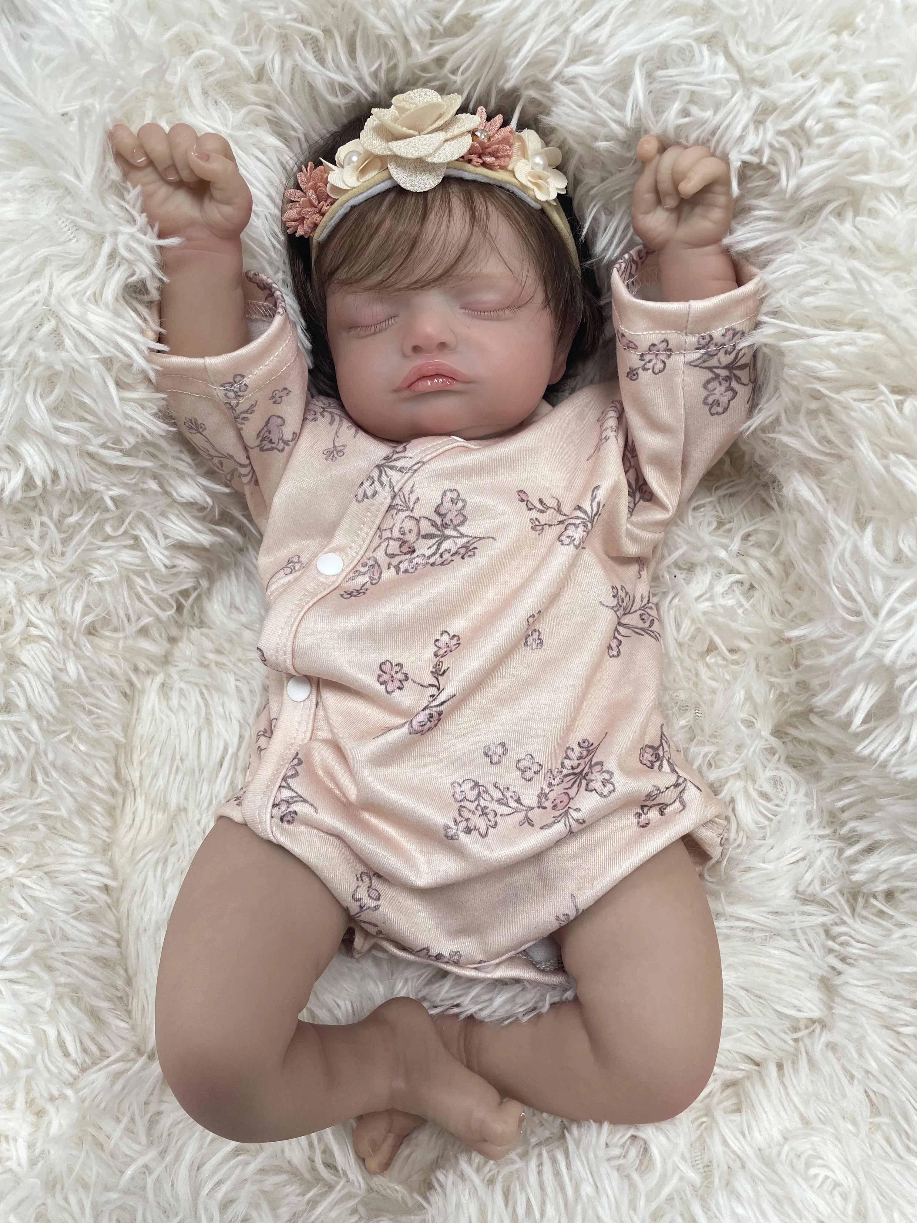 45CM Rosalie Cloth Body/Full Vinyl Body Already Painted Finished Sleeping Reborn Baby With Visible Veins and Hand Rooted Hair