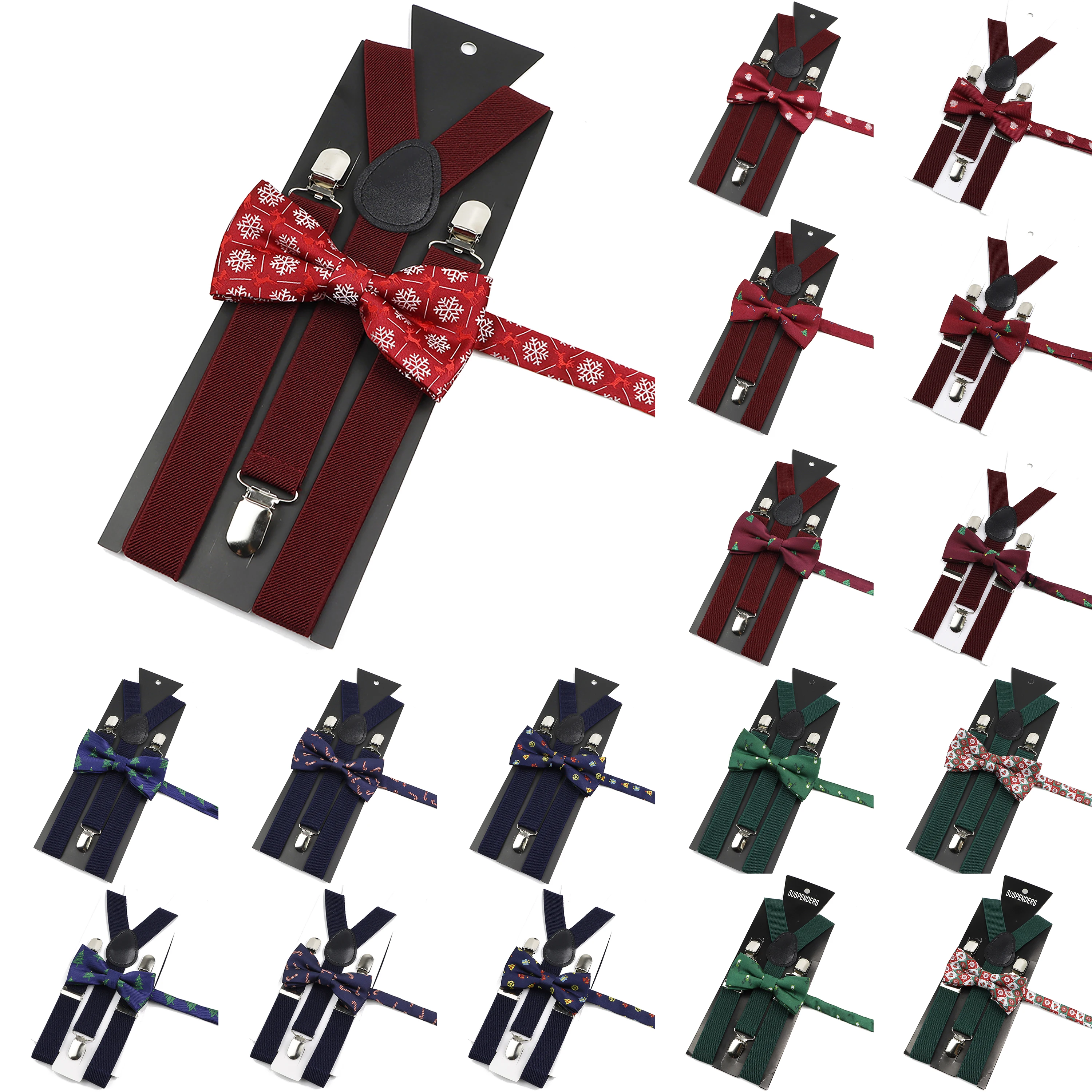 สีทึบหนัง Suspenders คริสต์มาส Bowtie ชุดสีแดงสีฟ้าสีเขียว Xmas Tree Elk รูปแบบ Bow Tie เทศกาล Y-สายรัดด้านหลัง