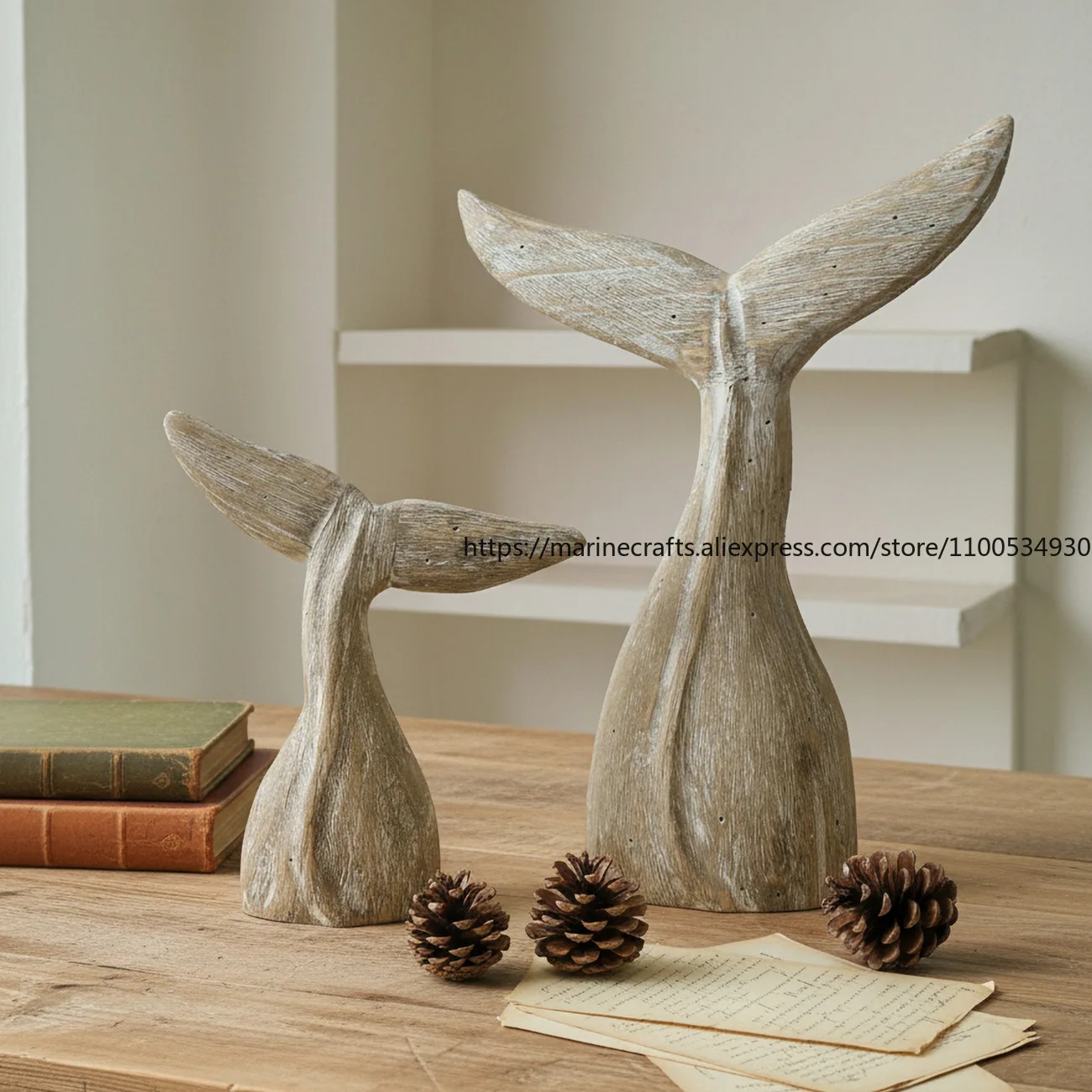 Adorno de cola de pez hecho a mano Vintage de madera maciza creativa de estilo náutico, artesanía de cola de ballena, decoración plana para casa de huéspedes