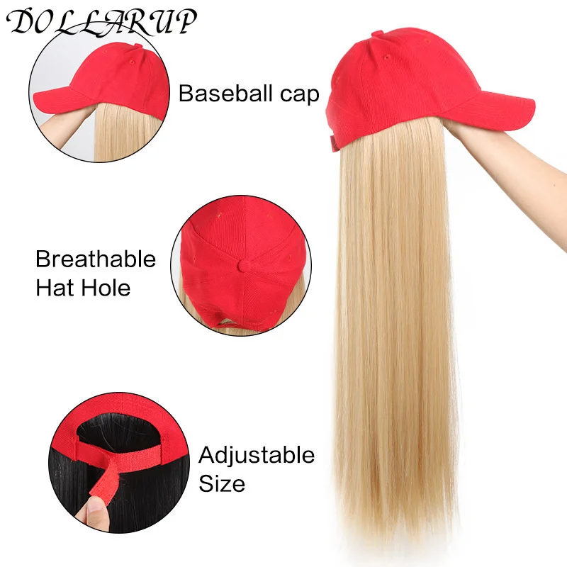 golden Hat Wig, Baseball Hats Wigs For Women, Synthetic Long Straight Hair With Hat Cap Attached, Hat And Wig, Natural Look