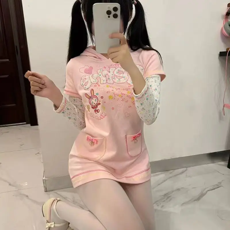 Subcultura japonesa mezzopiano kawaii vestidos com capuz bonito dos desenhos animados impressão vestido de manga longa feminino fino falso duas minissaia linha a