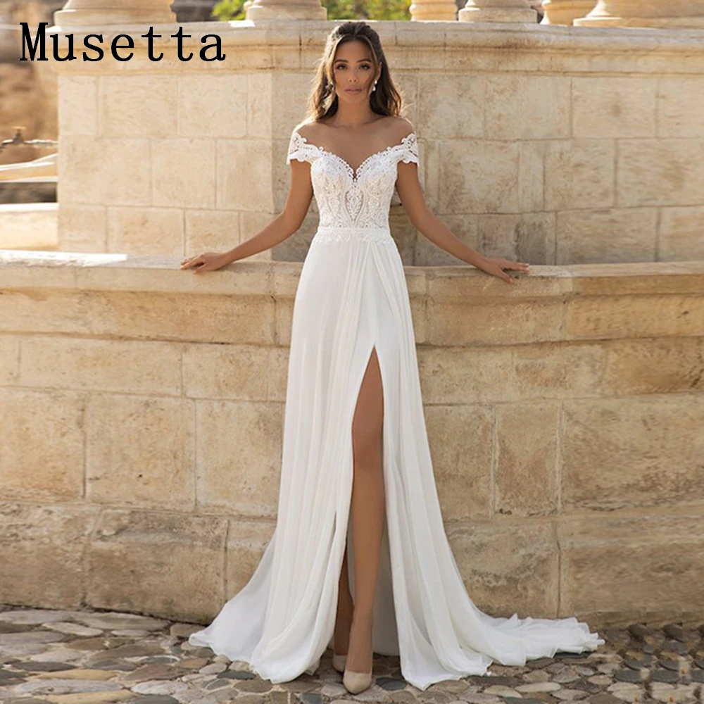 

Off The Shoulder Wedding Dress Women 2025 V-Neck Lace Appliques Chiffon Side Split Court Train A-Line Bridal Gowns Customized