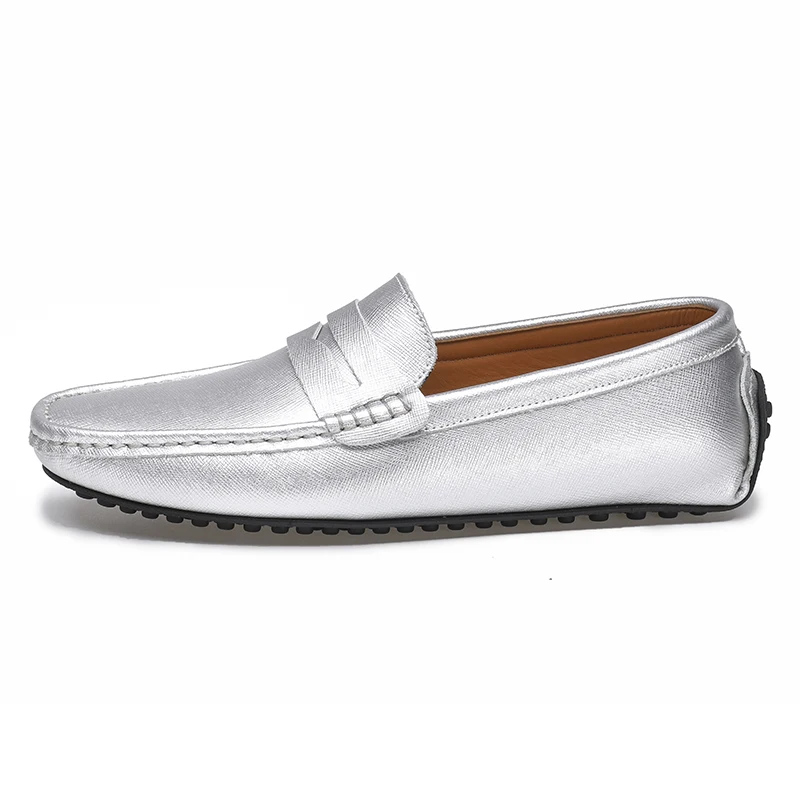 Waterproof Canvas Loafers Men\'s Slip-On Flat Silver White Casual Shoes Leather Moccasin Soft Bottom Driving Wedding Shoes 38-49