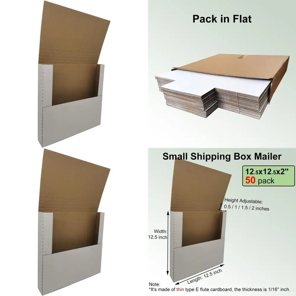 

50 Pack 12 Vinyl Record Shipping Mailers, Adjustable Height, 12.5x12.5x2 Corrugated Cardboard, White