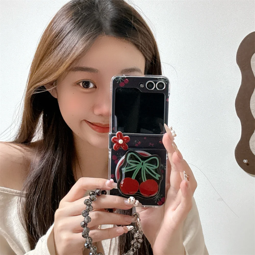 

Korean cute cherry magnetic stand phone case for Samsung Galaxy Z Flip6 Flip5 7 flip7 3 4 Funda with chain Funda Protective case