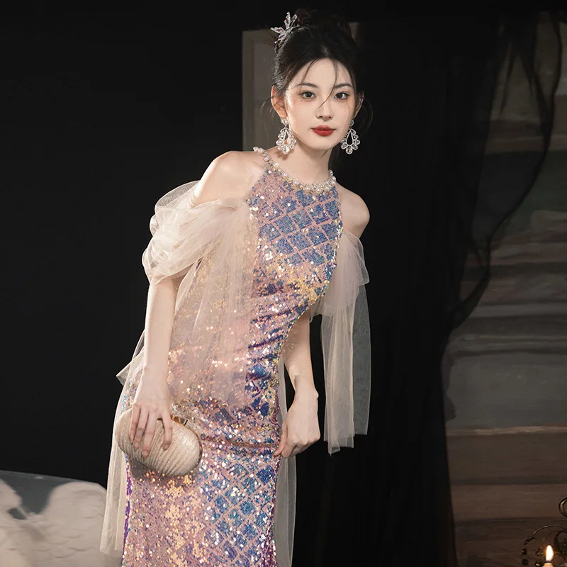 

Elegant Evening Gown Women's High-End Hostess Ball Glowing Flash Pink Fish Tail Drinking Suit Bride Advanced Sense Autumn