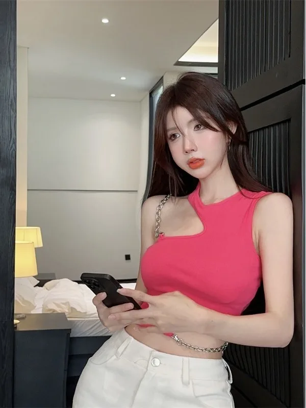 

Summer 2025 Women's High Waist Svel Vest with Hollow out Chain Splicing Design Breathable Cotton Crop Top