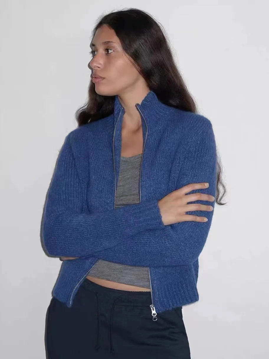 سترة صوفية ناعمة محبوكة بياقة زرقاء بسحاب ونقش زهور مطرز، كارديجان بياقة عالية للخريف والشتاء