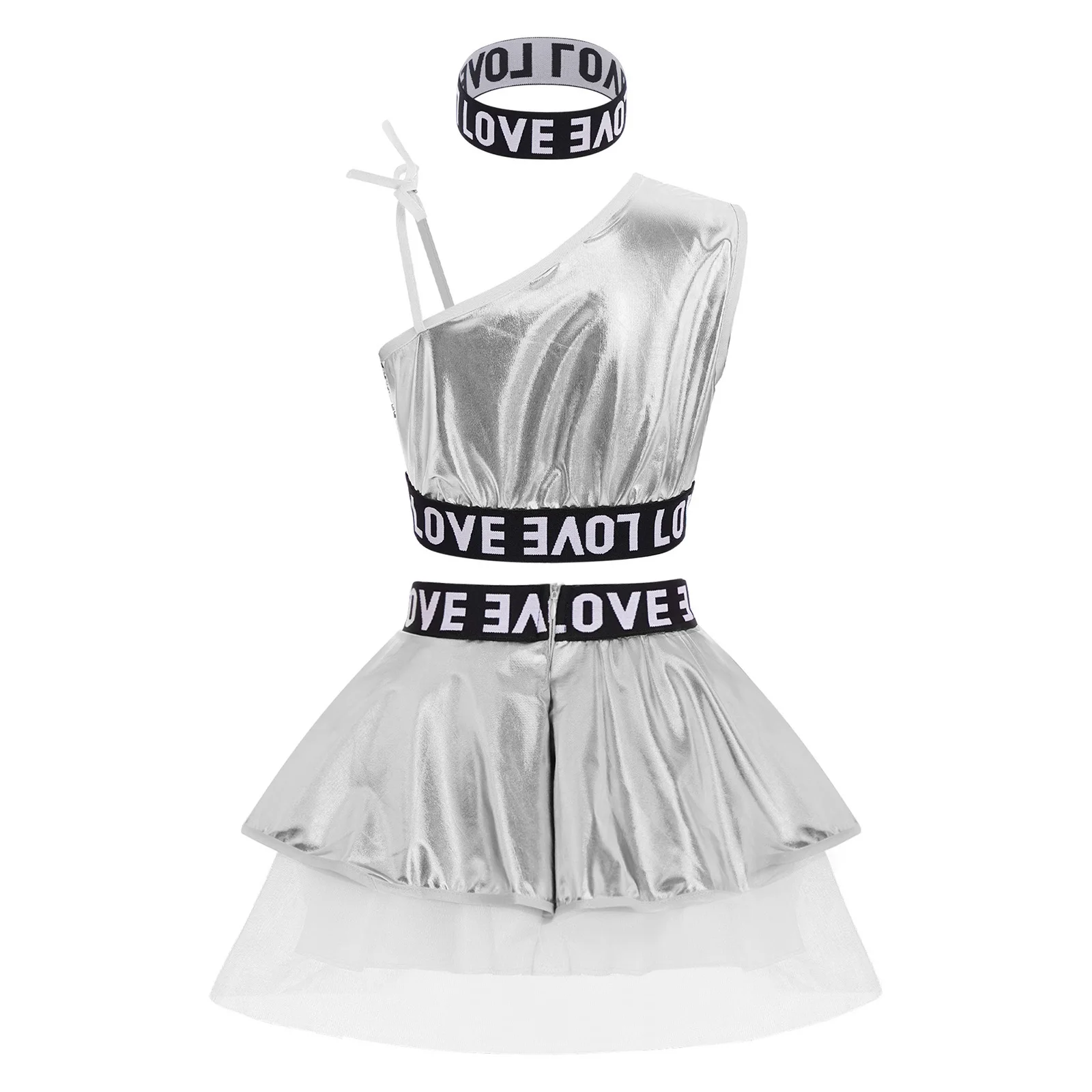 Conjunto de baile de Jazz y Hip-Hop para niñas, 3 piezas, chaleco sin mangas con lentejuelas, Top + falda tutú metálica + diadema con letras impresas, ropa de calle