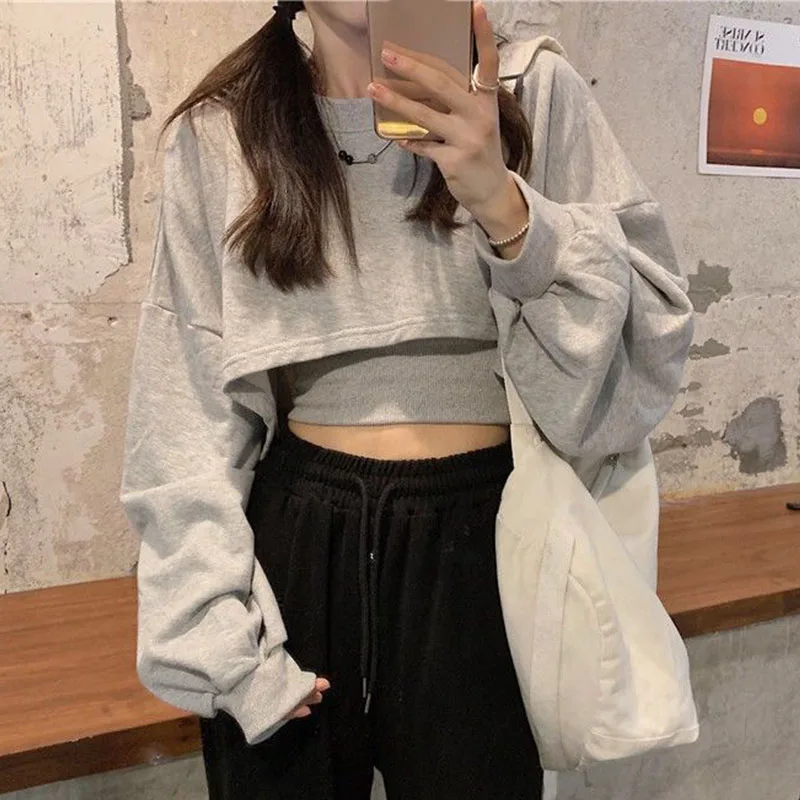 Spring Autumn Women Two Pieces Sets Long Sleeve Hoodies+Camisole Vintage Outfits Solid Color Tracksuit Female Fashion Streetwear