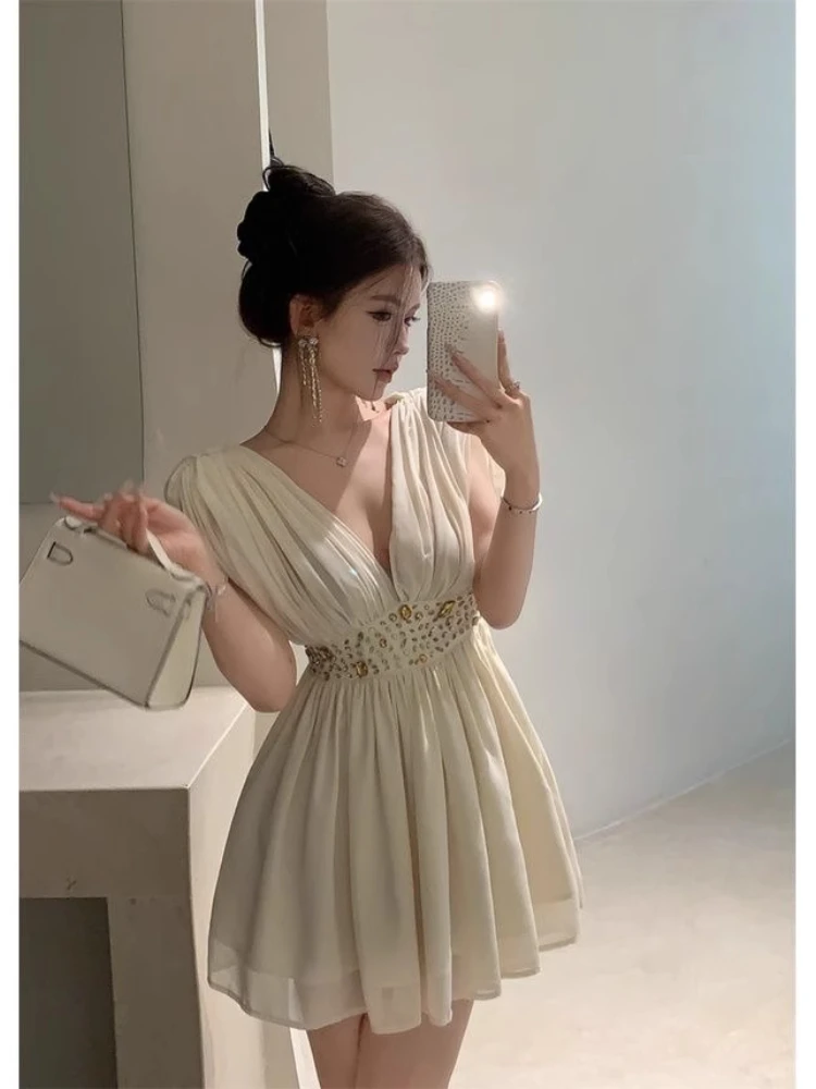 Party Sexy Dress Women Diamonds V Neck Sleeveless Waist Slim Fit Chiffon Mini Dresses Temperament Y2k Evening Vestidos