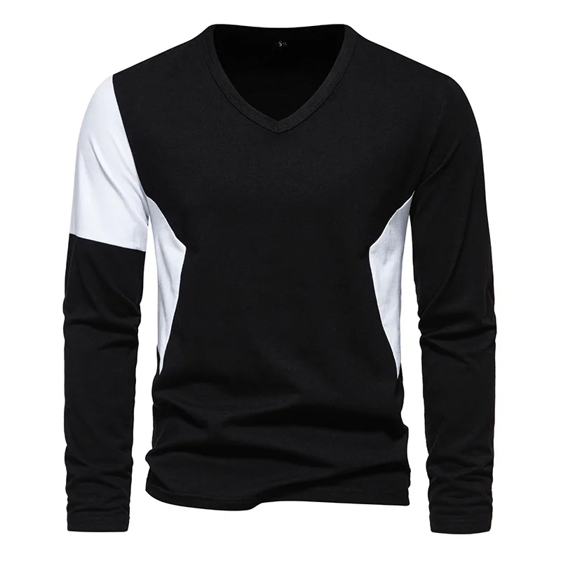 Black Casual Basic V Neck Henley T Shirt Men 2023 Brand Slim Fit Long Sleeve T Shirts Men  Daily Work Wear Tee Shirt Homme XXL