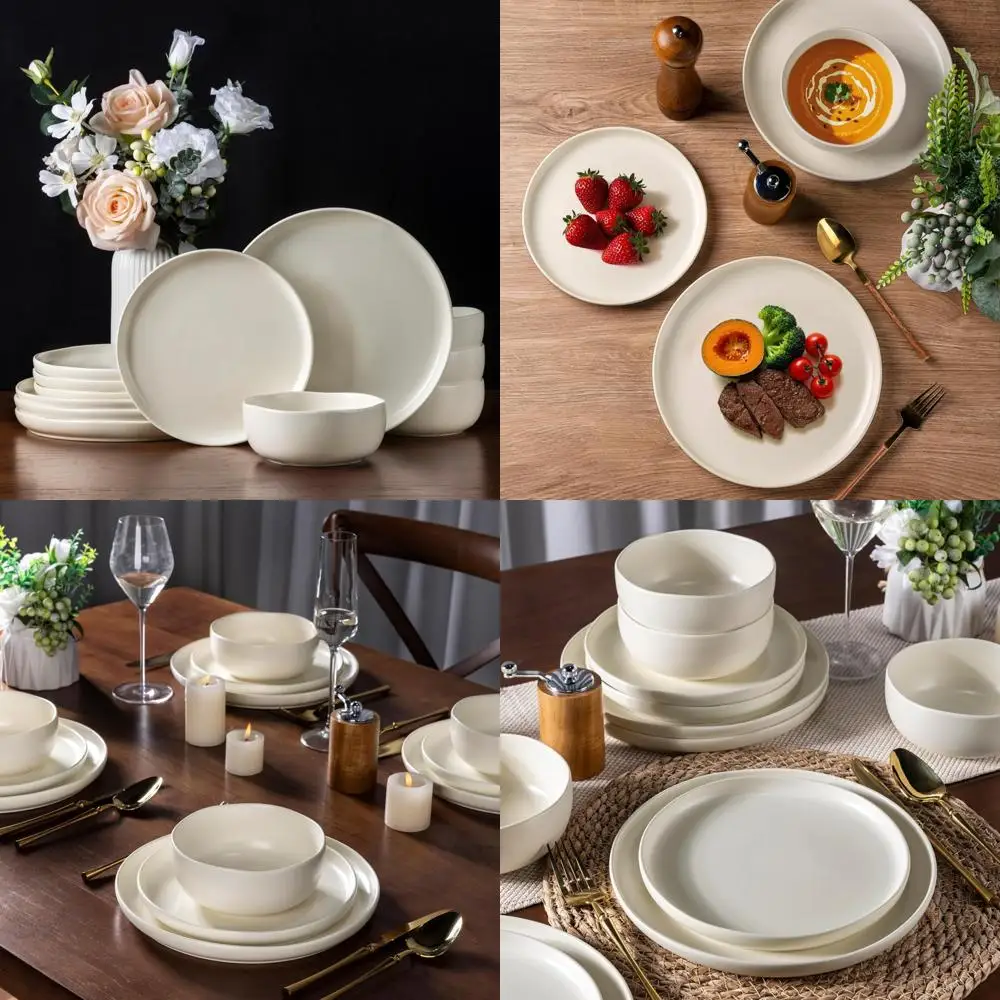 

Набор столовой посуды из прочного камня с волнистой оправой — устойчивый к сколам и трещинам, подходит для посудомоечной машины и использования в микроволновой печи