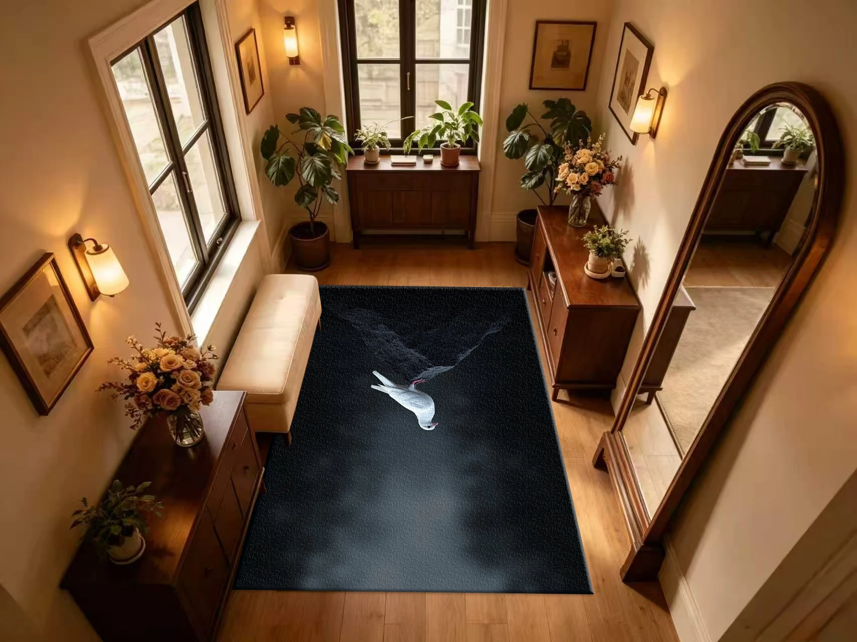White Dove on Rocky Cliff Carpet Flooring Elegant Bird Dark Mist Background Floor Rug Artistic Wildlife Household Wall-To-Wall Decor