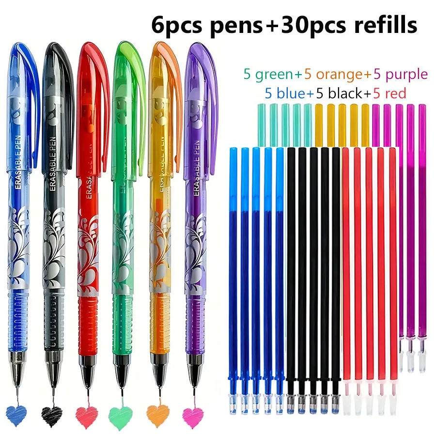 36pcs/set 6 Colors Neutral Erasable Pen,Blue/black/red/green/orange/purple Ink Writing Gel Pens Washable HandleSchool Stationery