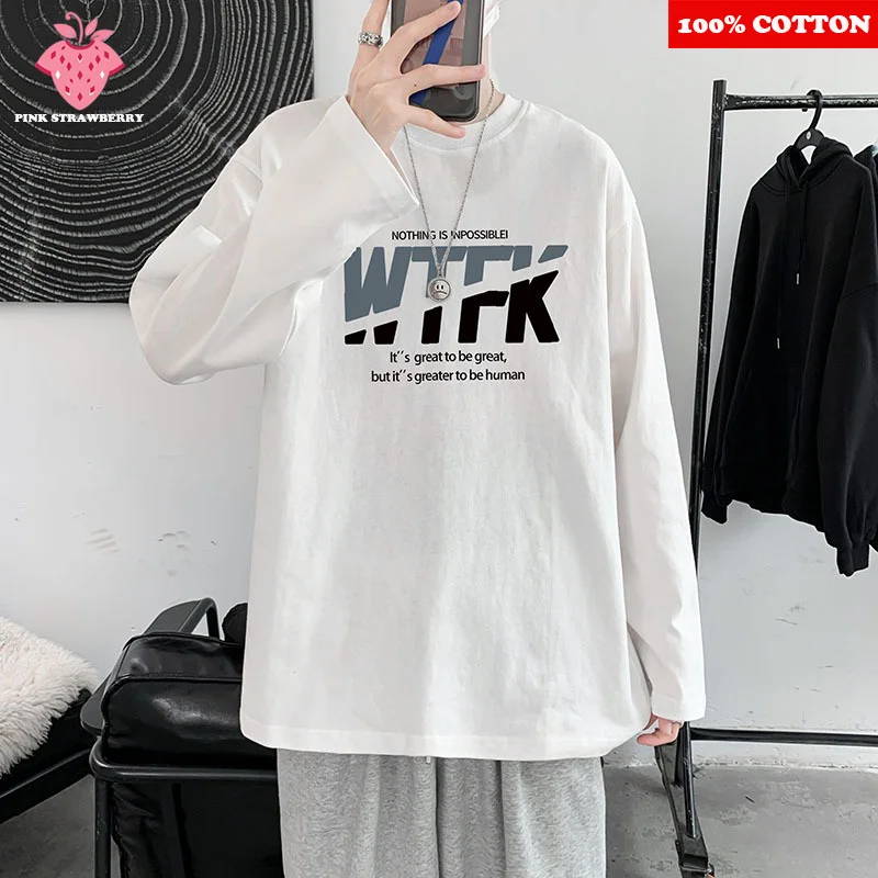 

100% Cotton Long sleeved T-shirt Men Autumn 2025 New American Loose Casual O-neck Black Sports Gym T-shirt Top Y2k Male clothing