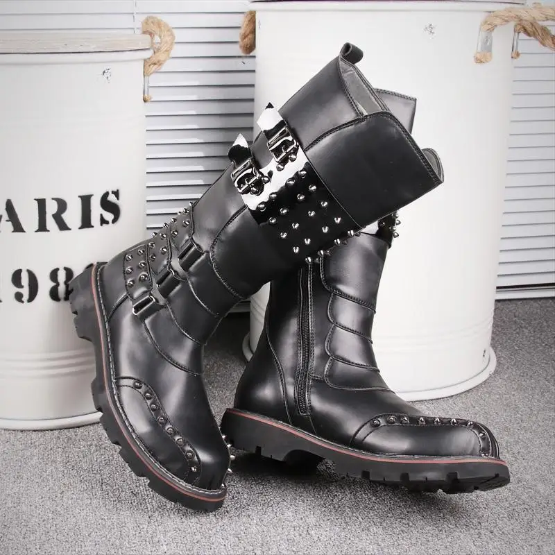 New Style High Top Boots for Men Rivet Punk Style Motorcycle Boots Fashion Outdoor Boots Buckle Strap Comfortable Walking Shoes